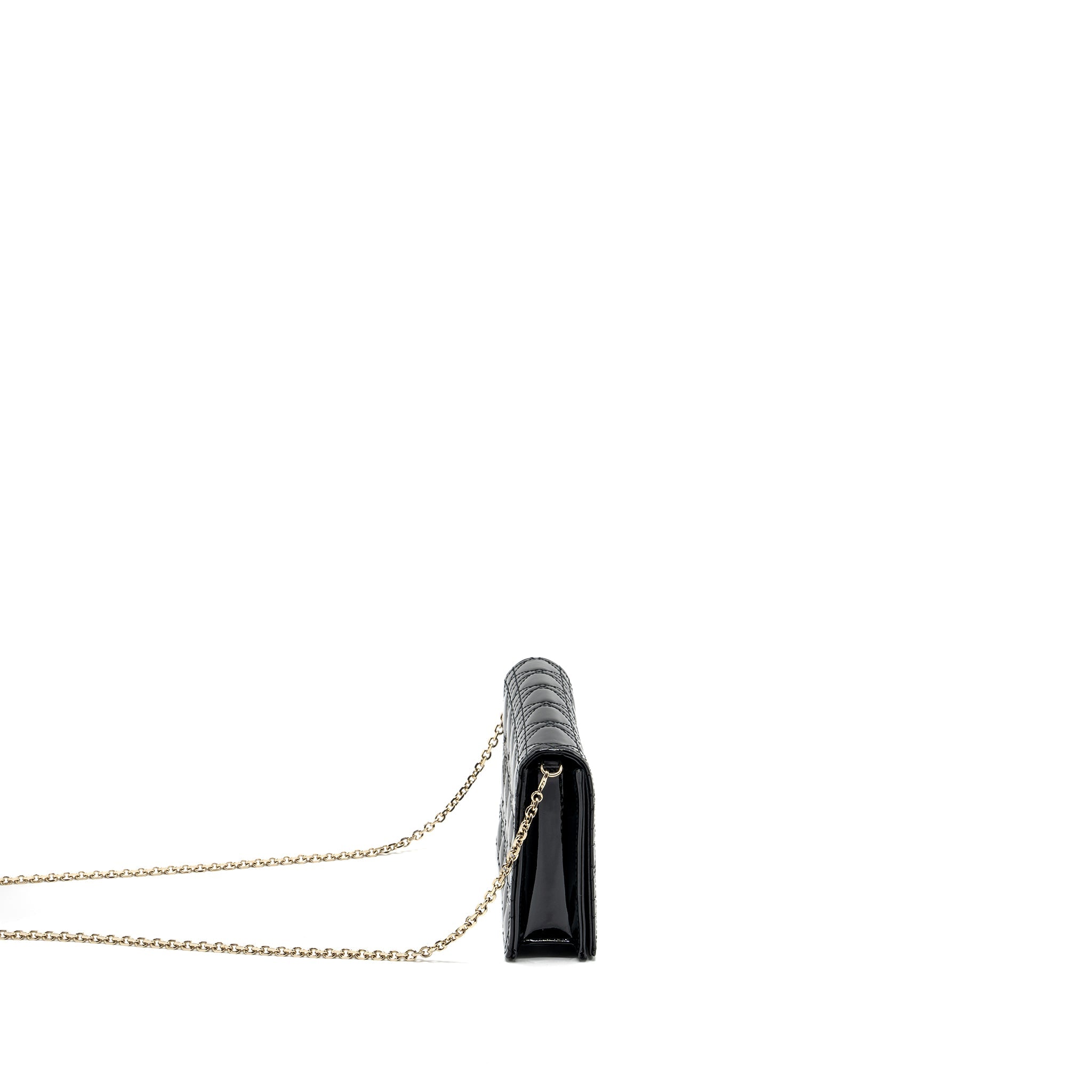 DIOR LADY DIOR POUCH WALLET ON CHAIN PATENT BLACK LGHW