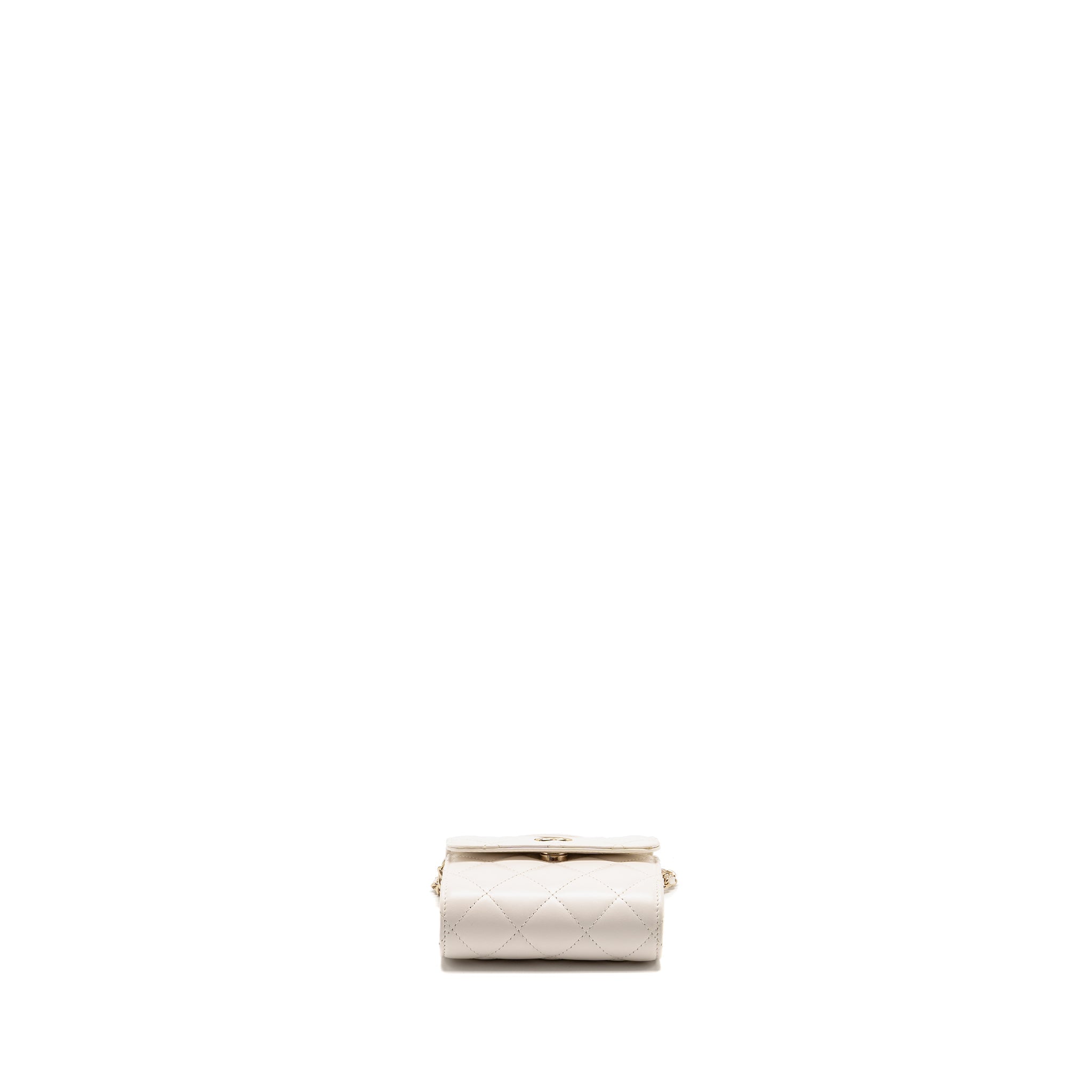 CHANEL TOP HANDLE FLAP KISS LOCK MINI CLUTCH WITH CHAIN LAMBSKIN WHITE LGHW (MICROCHIP)