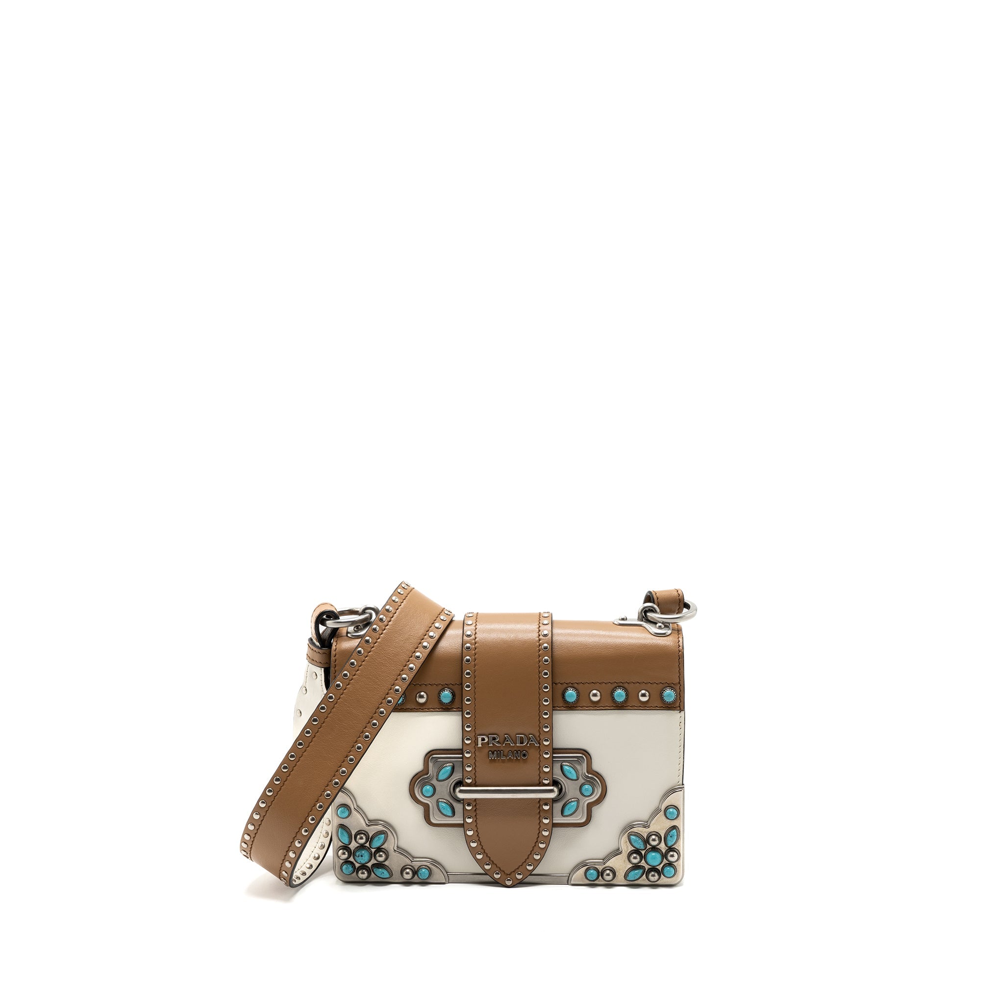 PRADA CAHIER EMBELLISHED TWO-TONE LEATHER SHOULDER BAG WHITE / CARAMEL SHW
