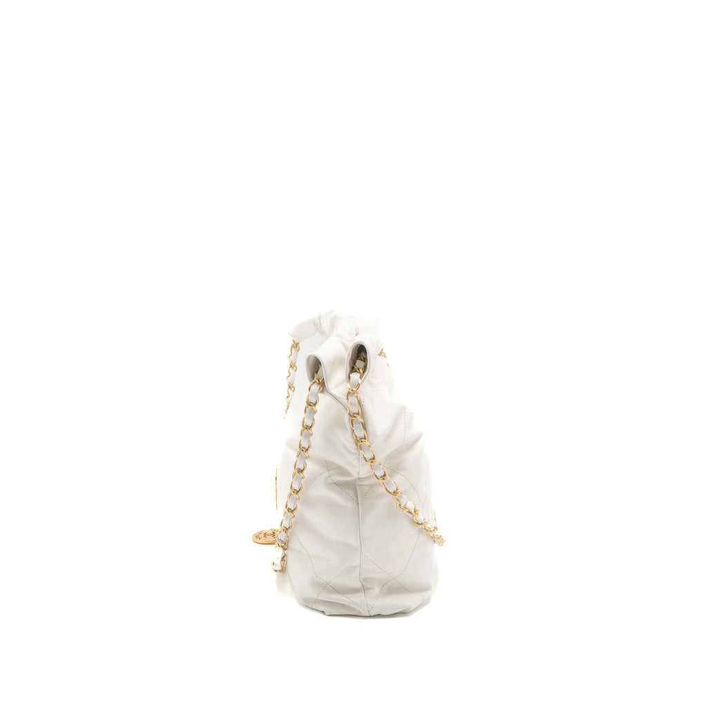 CHANEL SMALL 22 BAG GOLD LETTER SHINY CALFSKIN WHITE BRUSHED GHW (MICROCHIP)