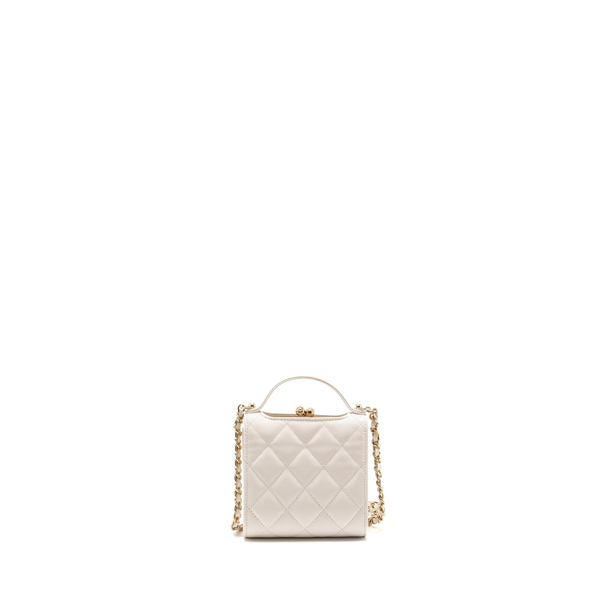 CHANEL TOP HANDLE FLAP KISS LOCK MINI CLUTCH WITH CHAIN LAMBSKIN WHITE LGHW (MICROCHIP)