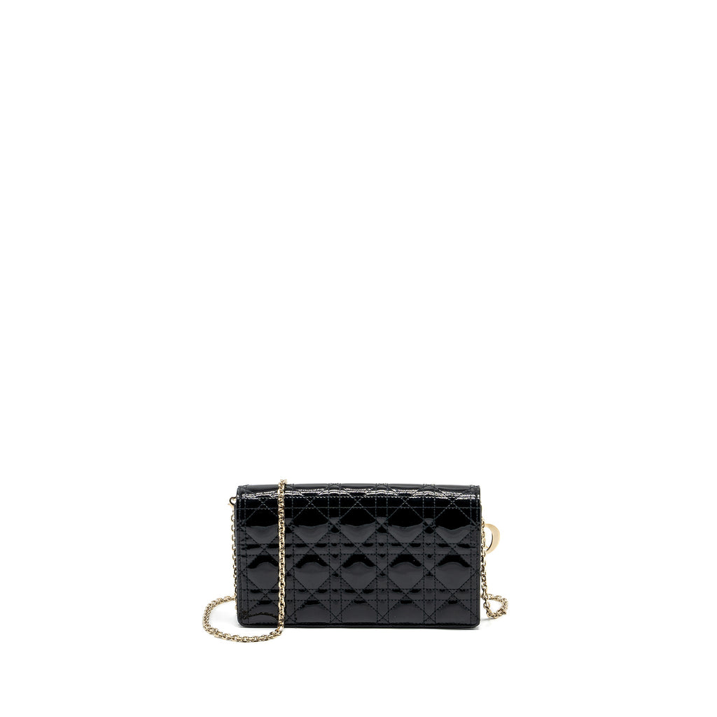 DIOR LADY DIOR POUCH WALLET ON CHAIN PATENT BLACK LGHW