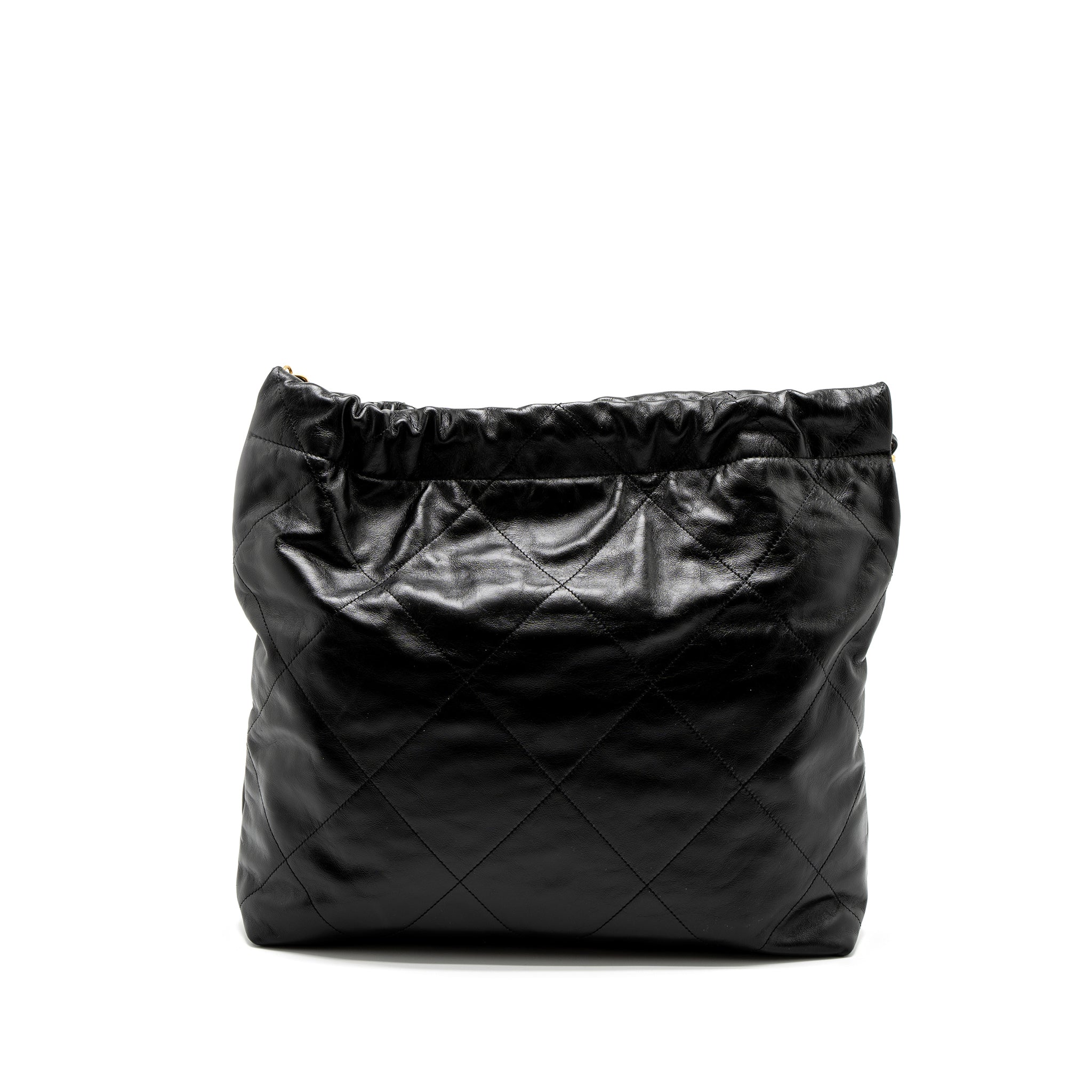 CHANEL MEDIUM 22 BAG GOLD LETTER SHINY CALFSKIN BLACK BRUSHED GHW (MICROCHIP)