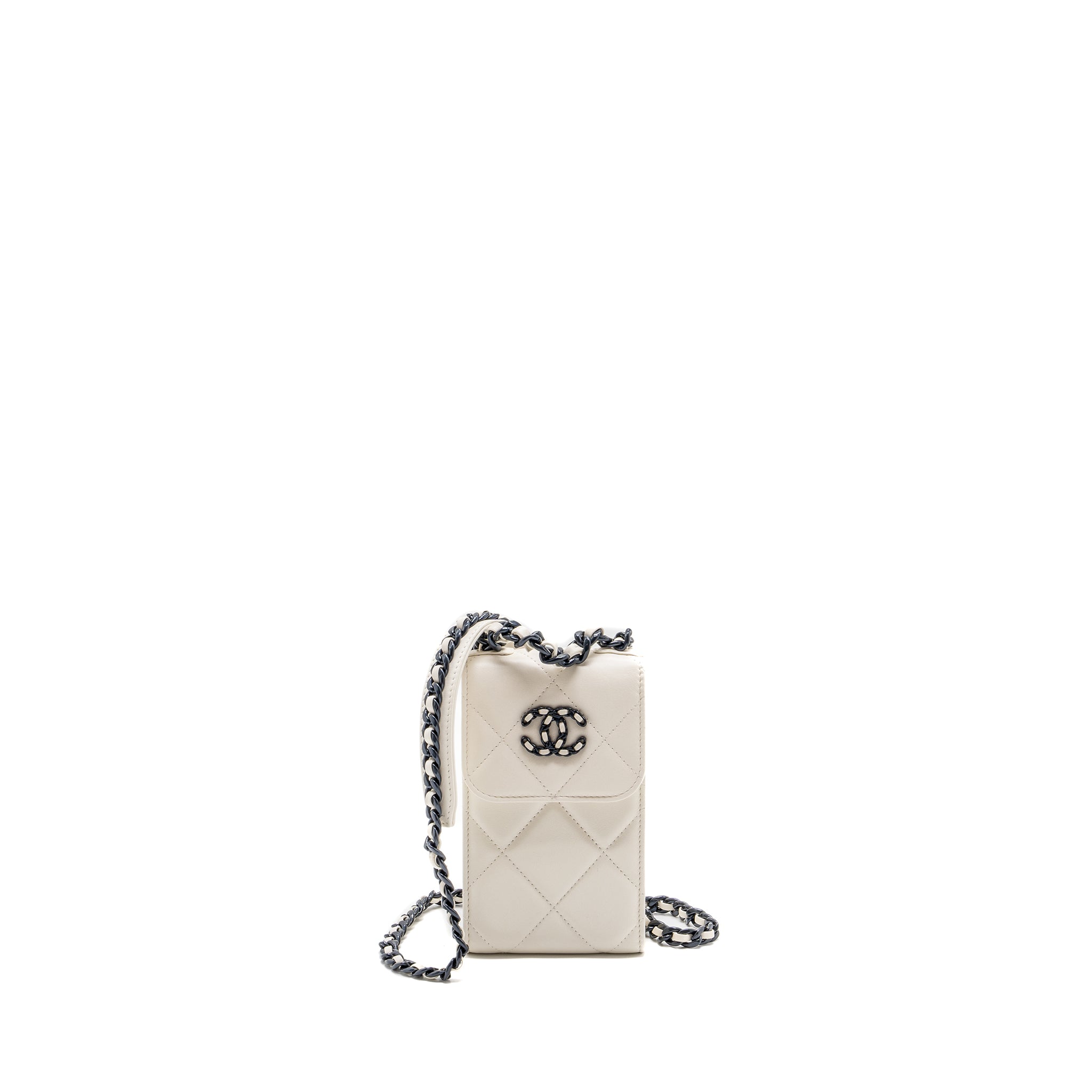 CHANEL VERTICAL 19 PHONE CASE LAMBSKIN WHITE WITH BLACK HARDWARE