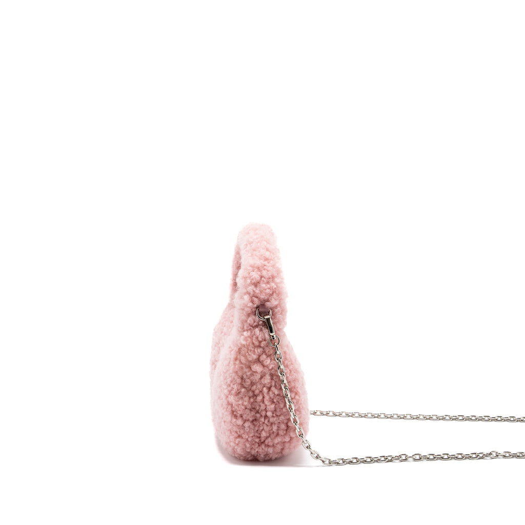 MIU MIU WANDER MATELASSÉ MINI HOBO BAG SHEARLING LIGHT PINK SHW