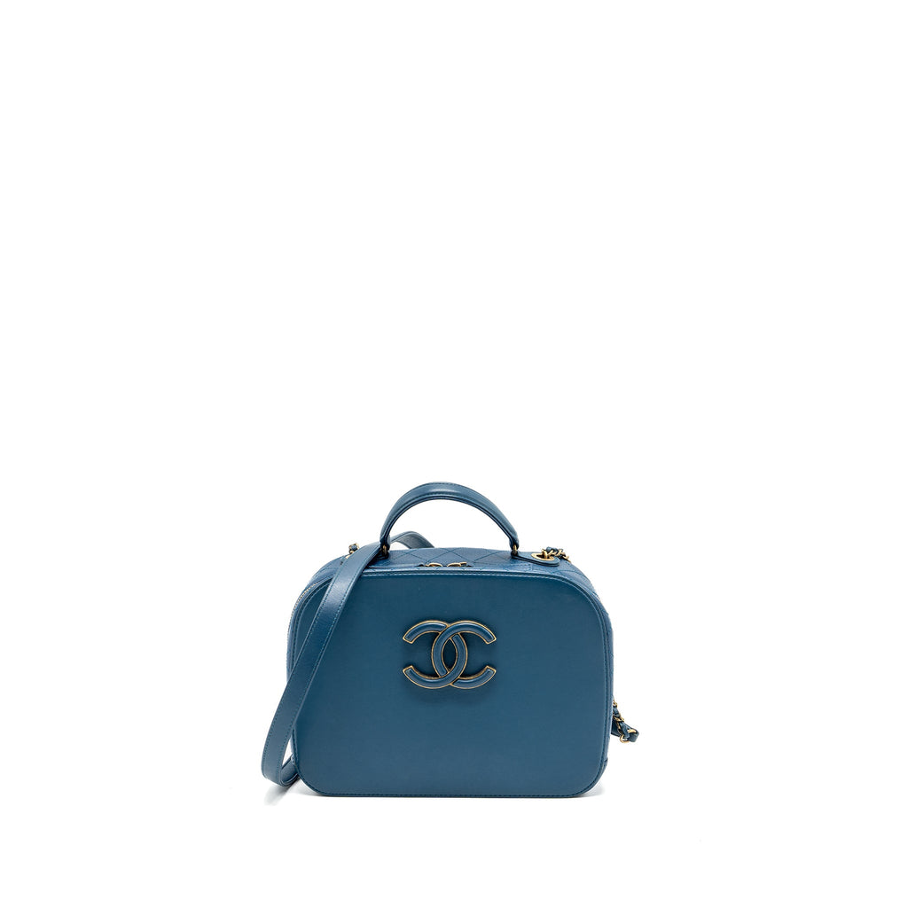 CHANEL TOP HANDLE ZIP VANITY BAG LEATHER BLUE GHW