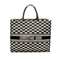 DIOR LARGE BOOK TOTE WHITE CHECKERED EMBROIDERED CANVAS BLACK / WHITE