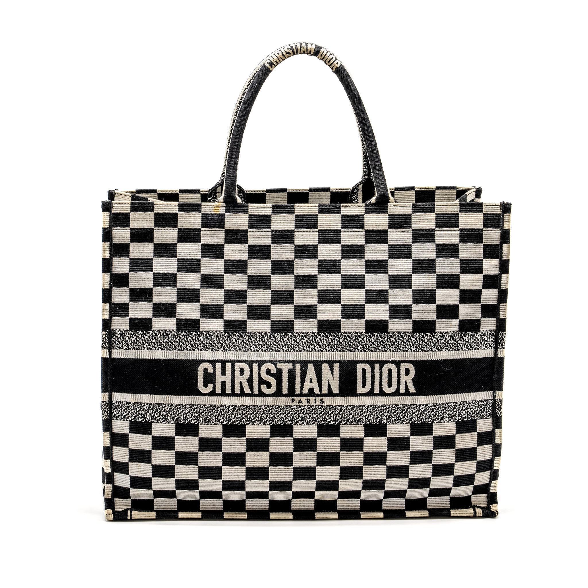 DIOR LARGE BOOK TOTE WHITE CHECKERED EMBROIDERED CANVAS BLACK / WHITE