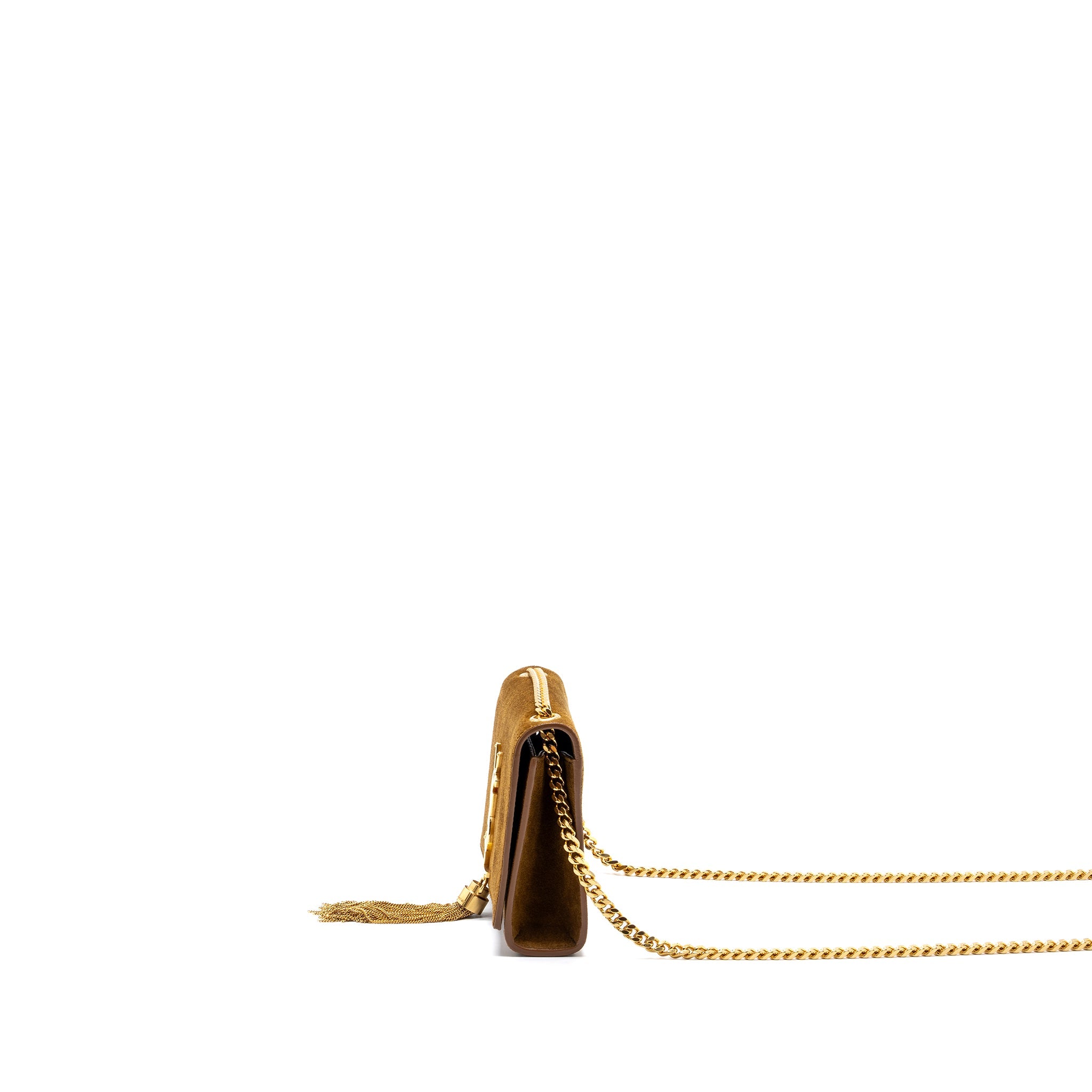 SAINT LAURENT KATE CHAIN WALLET WITH TASSEL SUEDE BROWN GHW