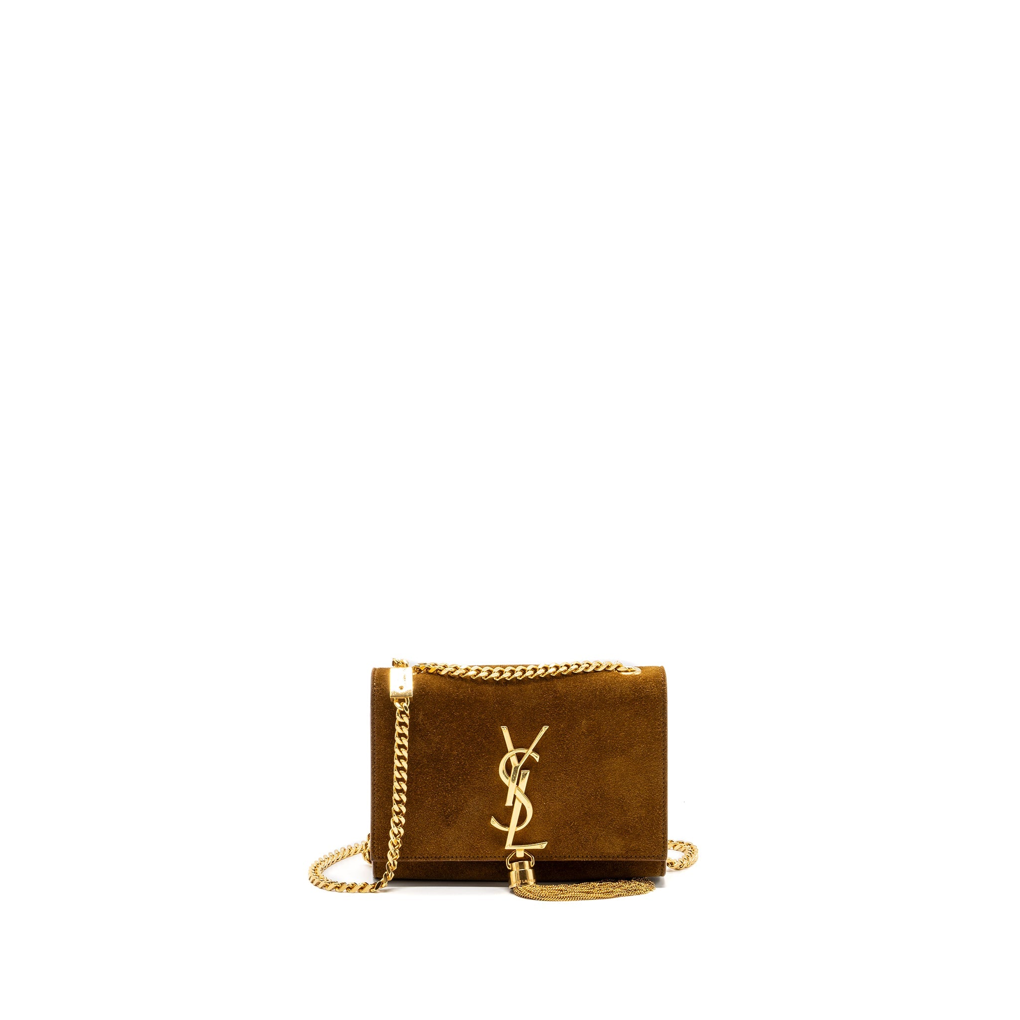 SAINT LAURENT KATE CHAIN WALLET WITH TASSEL SUEDE BROWN GHW