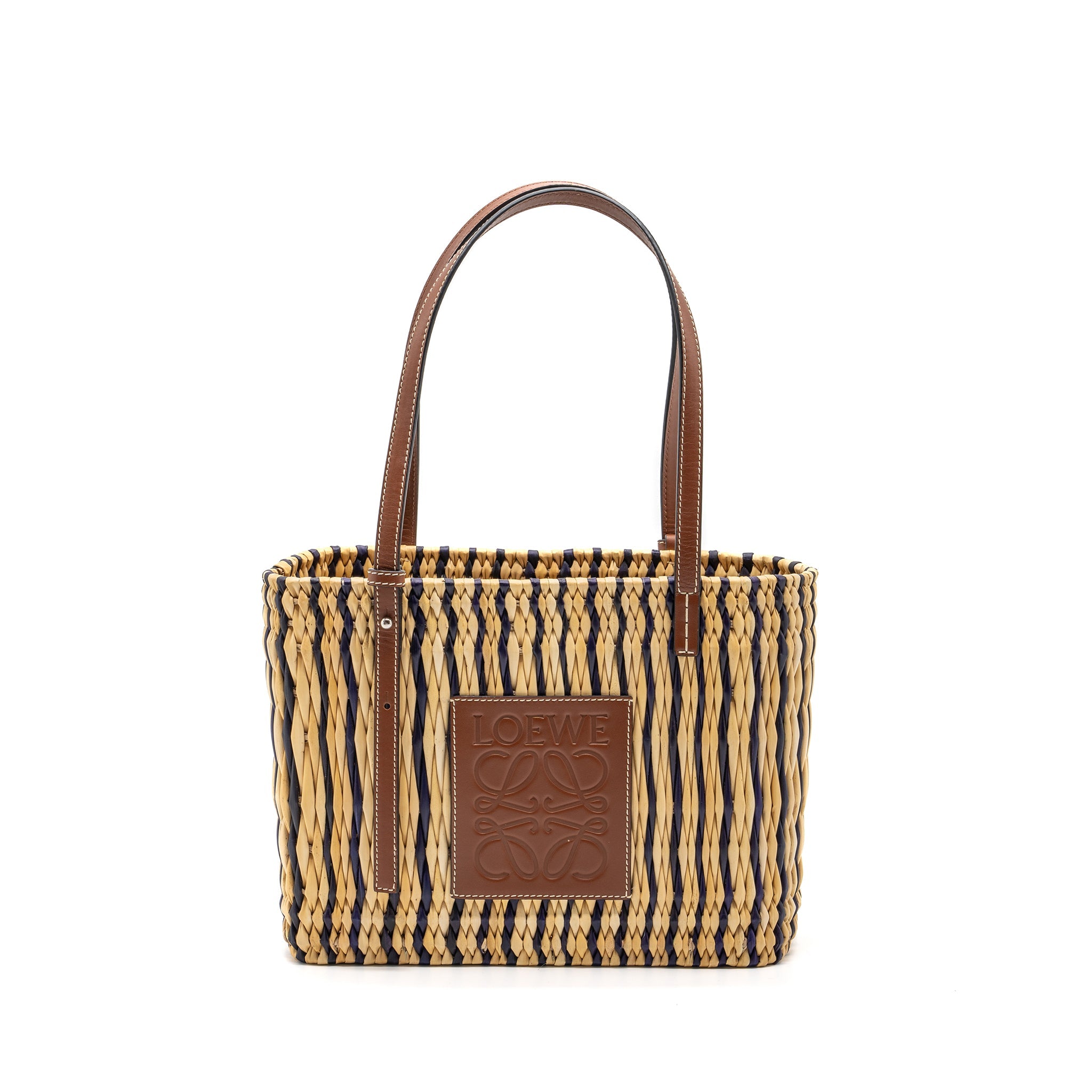 LOEWE PAULA'S IBIZA ANAGRAM BASKET BAG BROWN/MULTICOLOUR RAFFIA/LEATHER