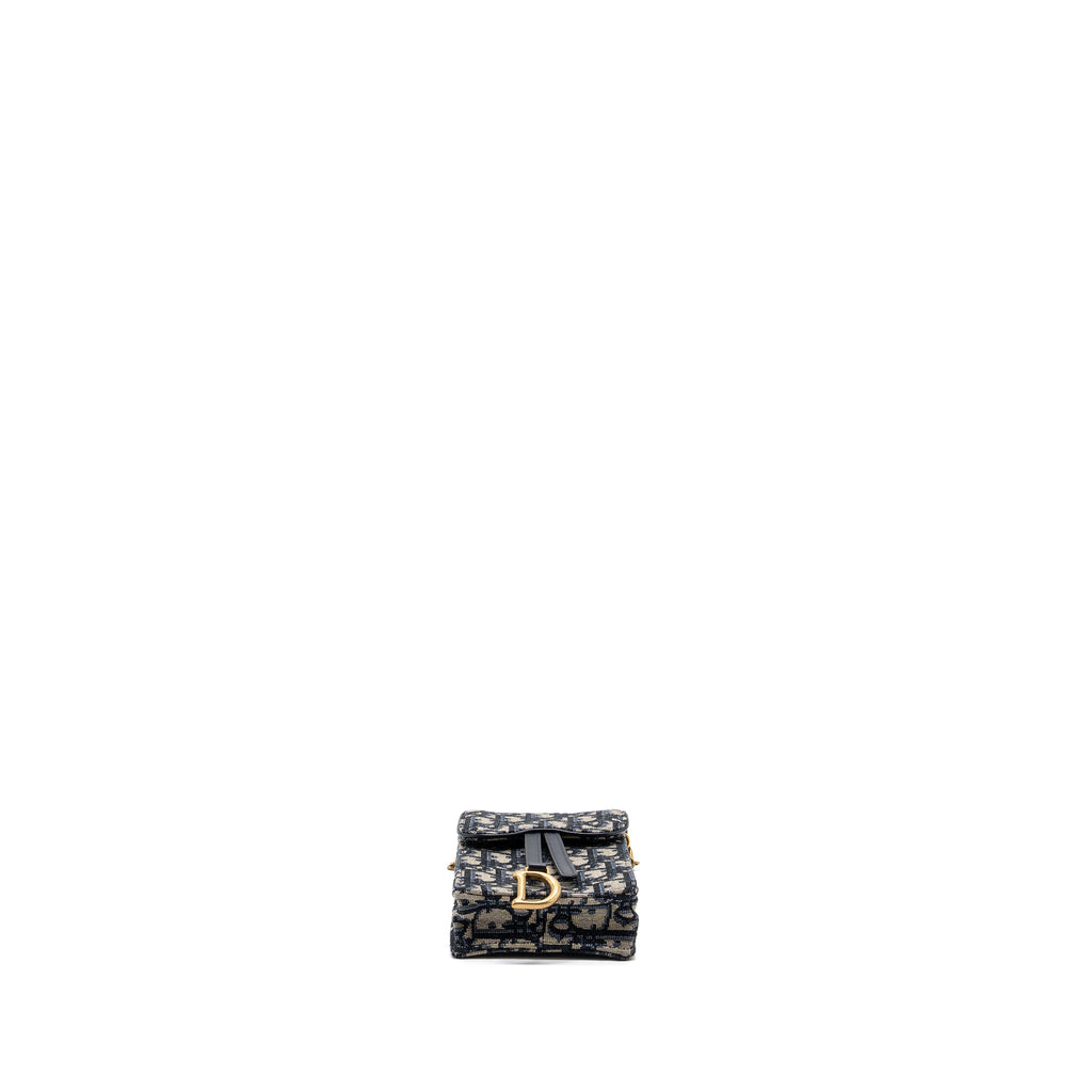 DIOR SADDLE PHONE HOLDER WITH CHAIN OBLIQUE JACQUARD CANVAS BLUE GHW