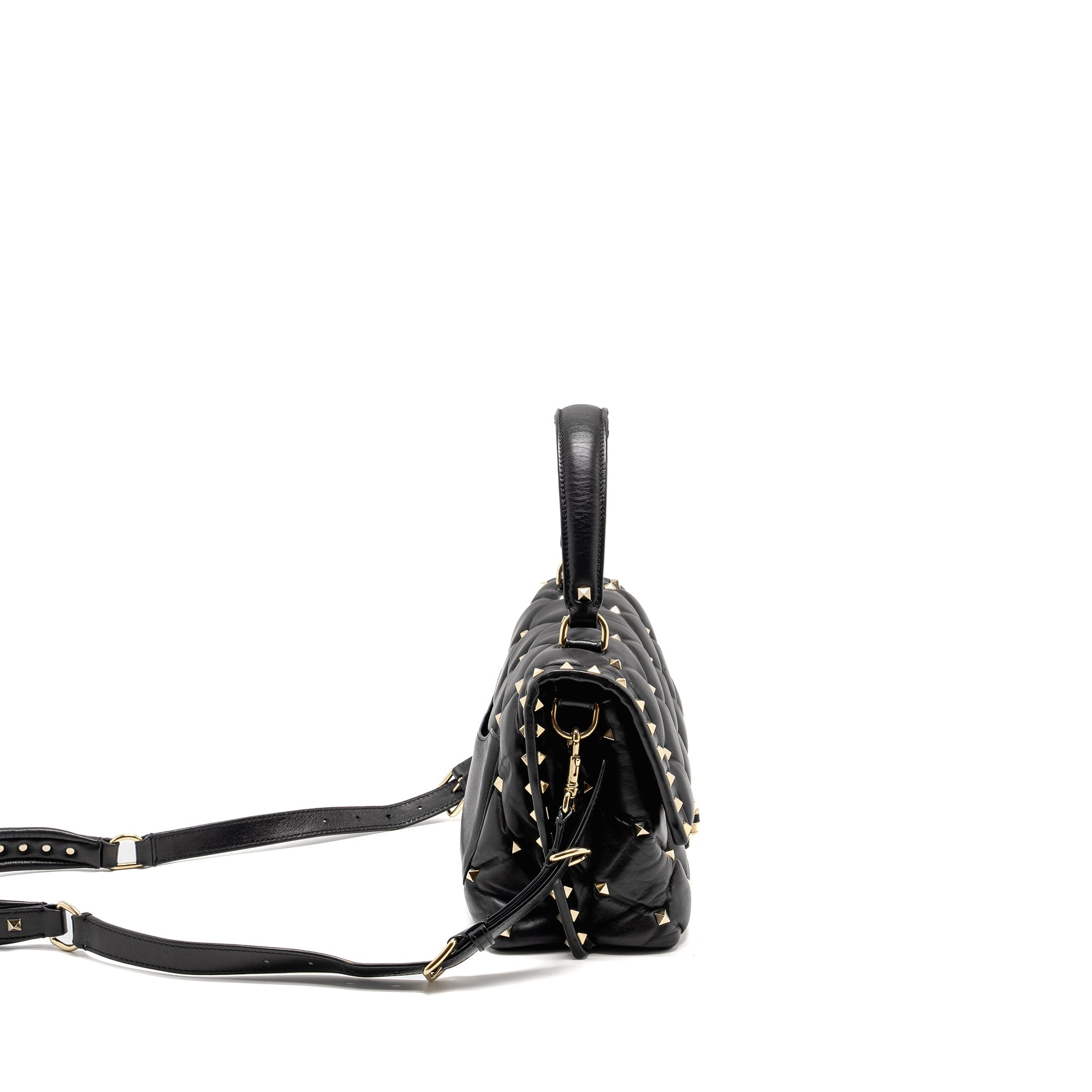 VALENTINO TOP HANDLE QUILTED CANDYSTUD FLAP BAG LAMBSKIN BLACK LGHW