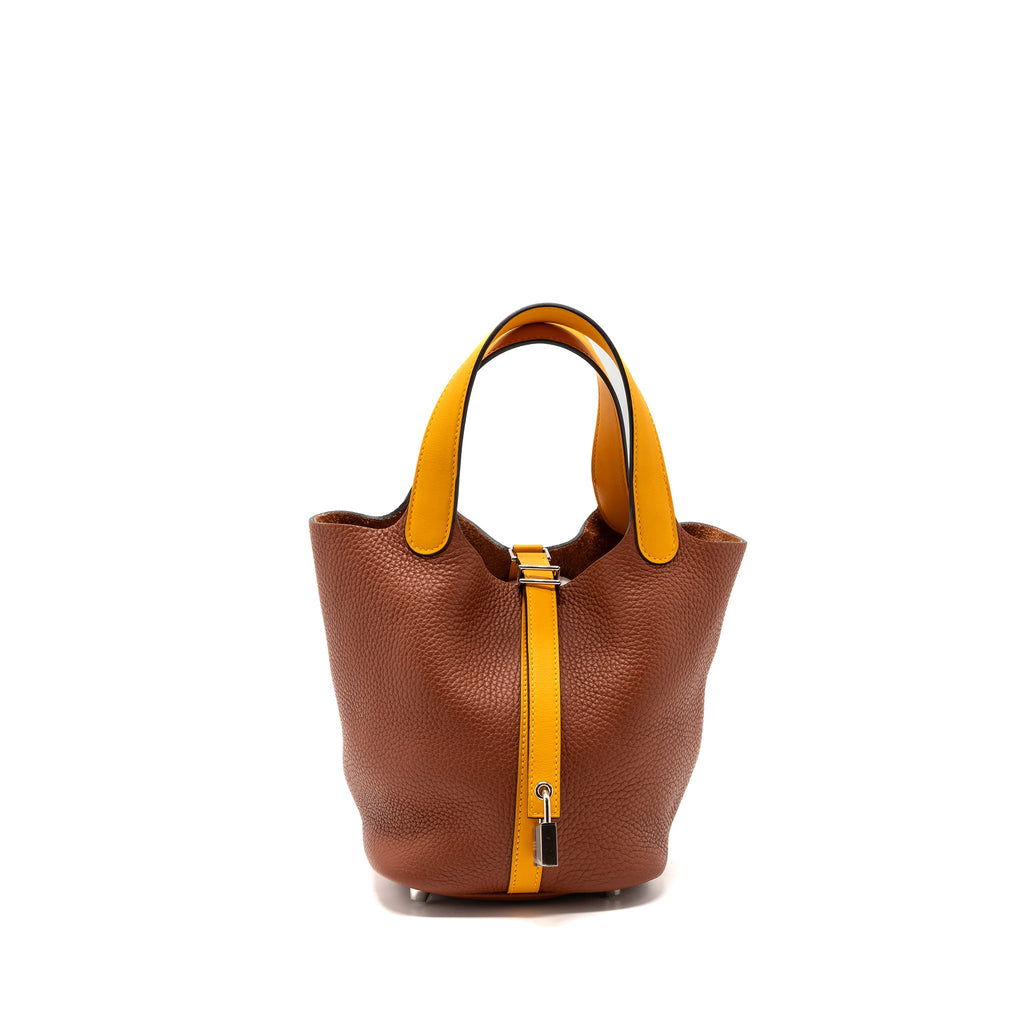 HERMES PICOTIN 18 LOCK BAG CLEMENCE CUIVE / JAUNE D’OR SHW