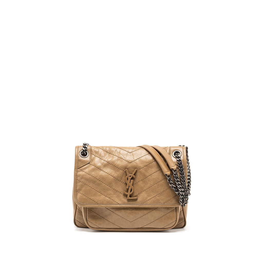 SAINT LAURENT MEDIUM NIKI BAG CRINKLED CALFSKIN DARK BEIGE RUTHENIUM HARDWARE
