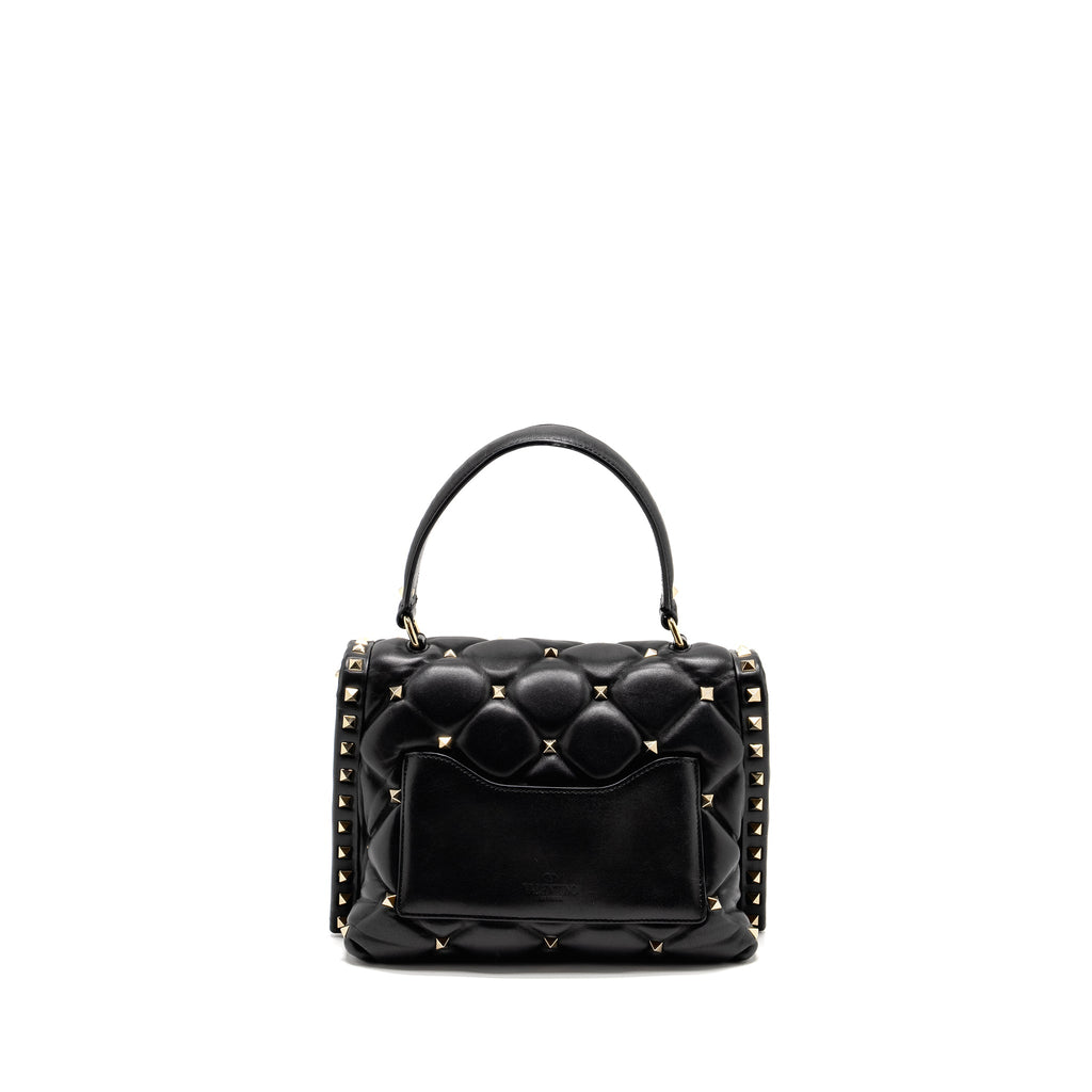VALENTINO TOP HANDLE QUILTED CANDYSTUD FLAP BAG LAMBSKIN BLACK LGHW