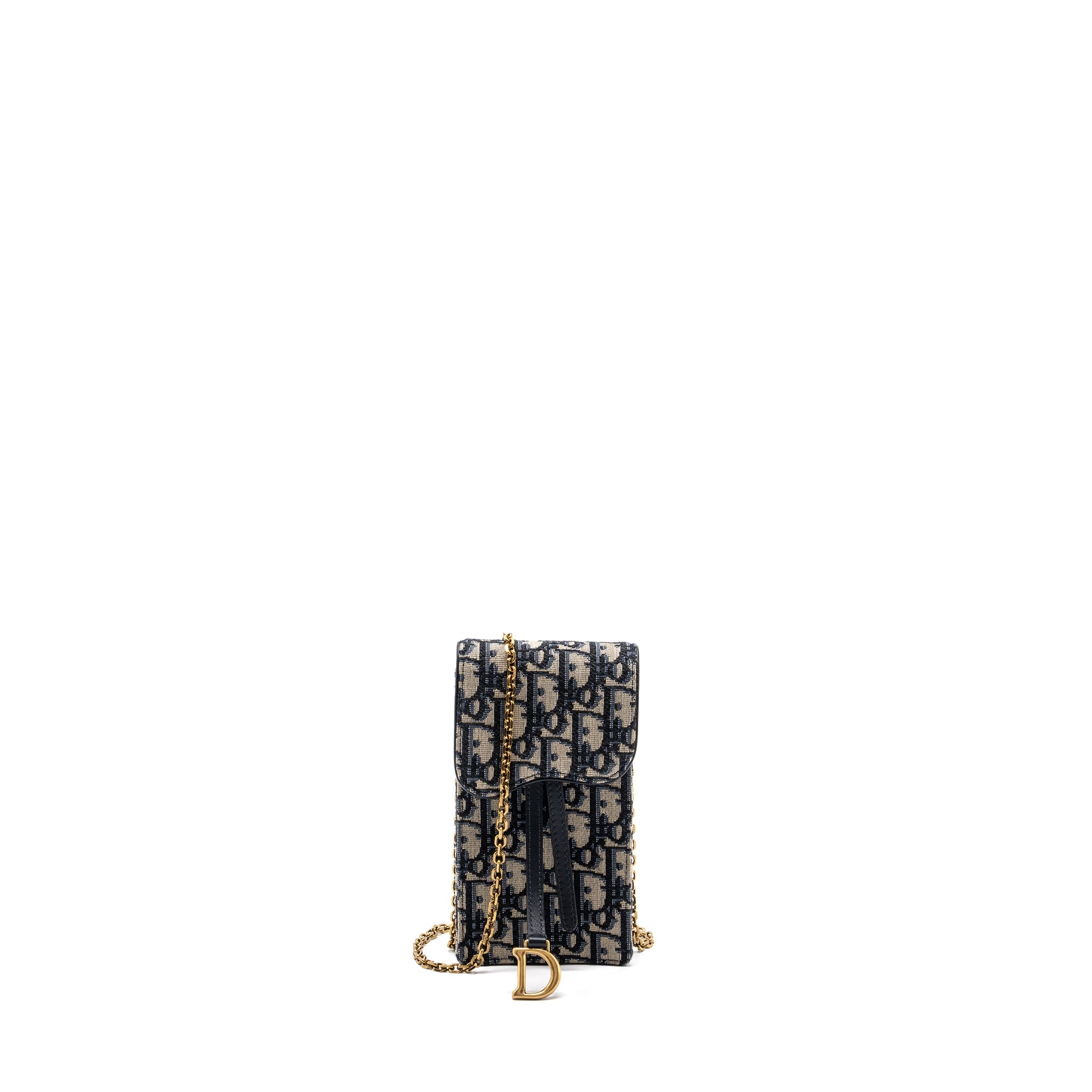 DIOR SADDLE PHONE HOLDER WITH CHAIN OBLIQUE JACQUARD CANVAS BLUE GHW