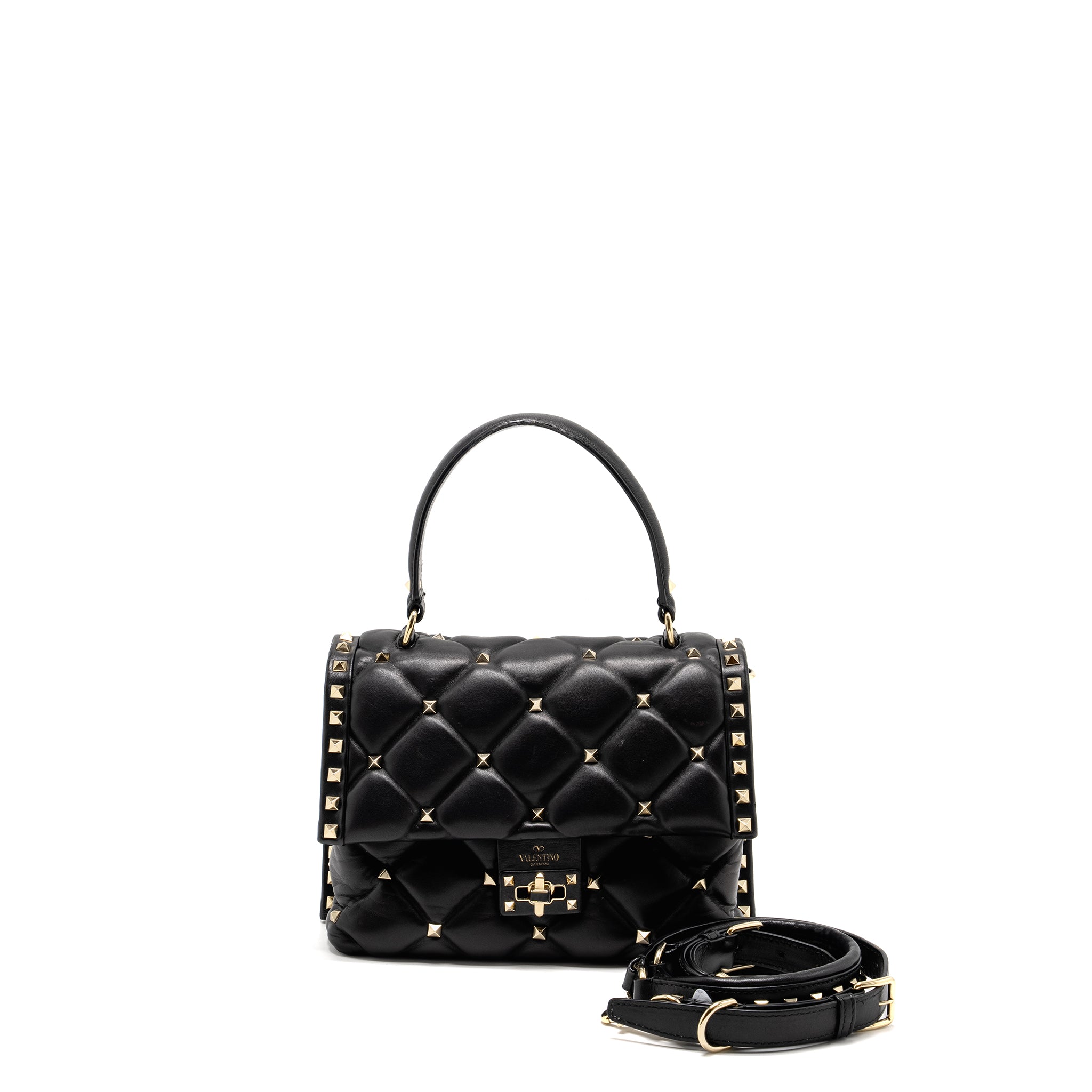 VALENTINO TOP HANDLE QUILTED CANDYSTUD FLAP BAG LAMBSKIN BLACK LGHW