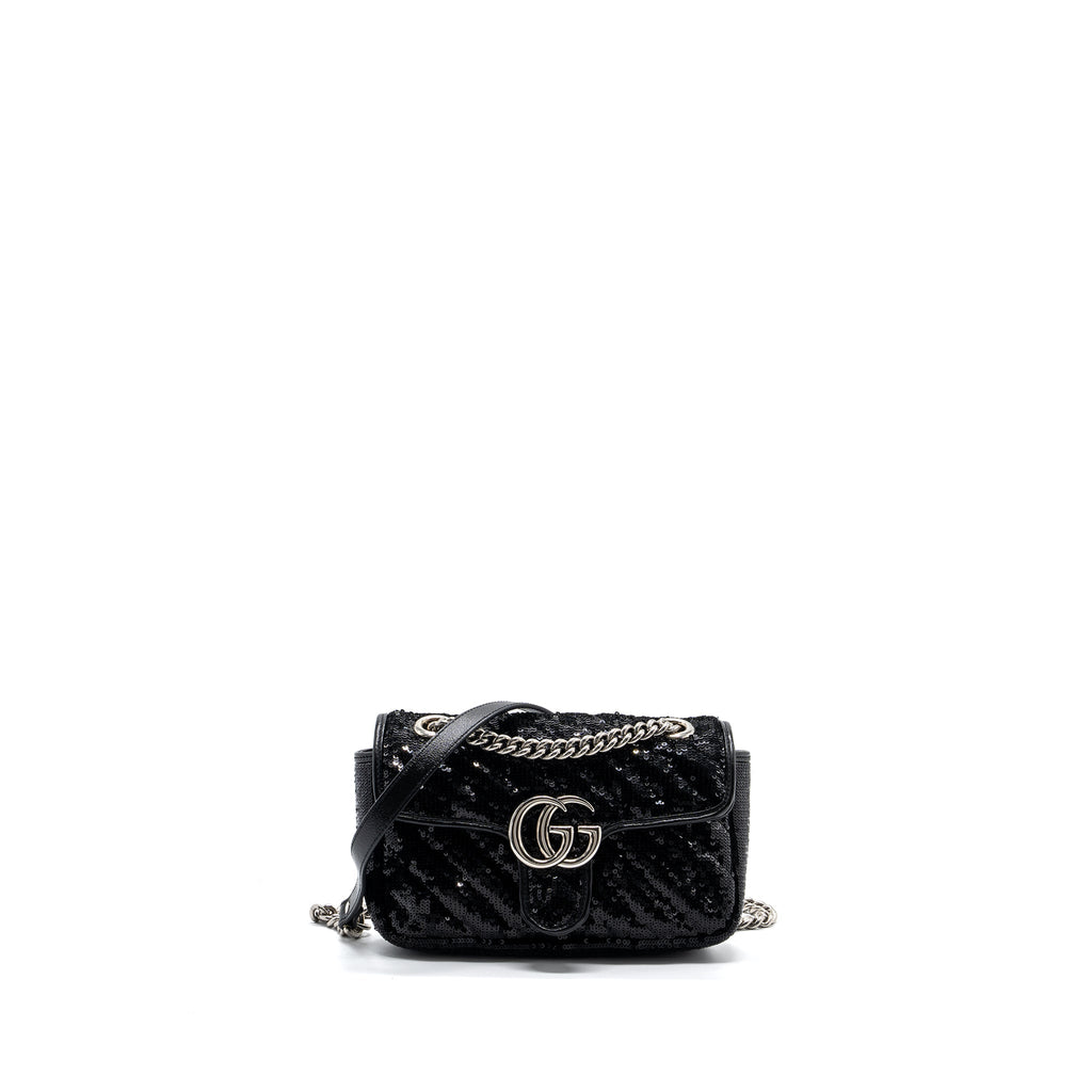 GUCCI MINI GG MARMONT MATELASSE BAG SEQUIN BLACK SHW