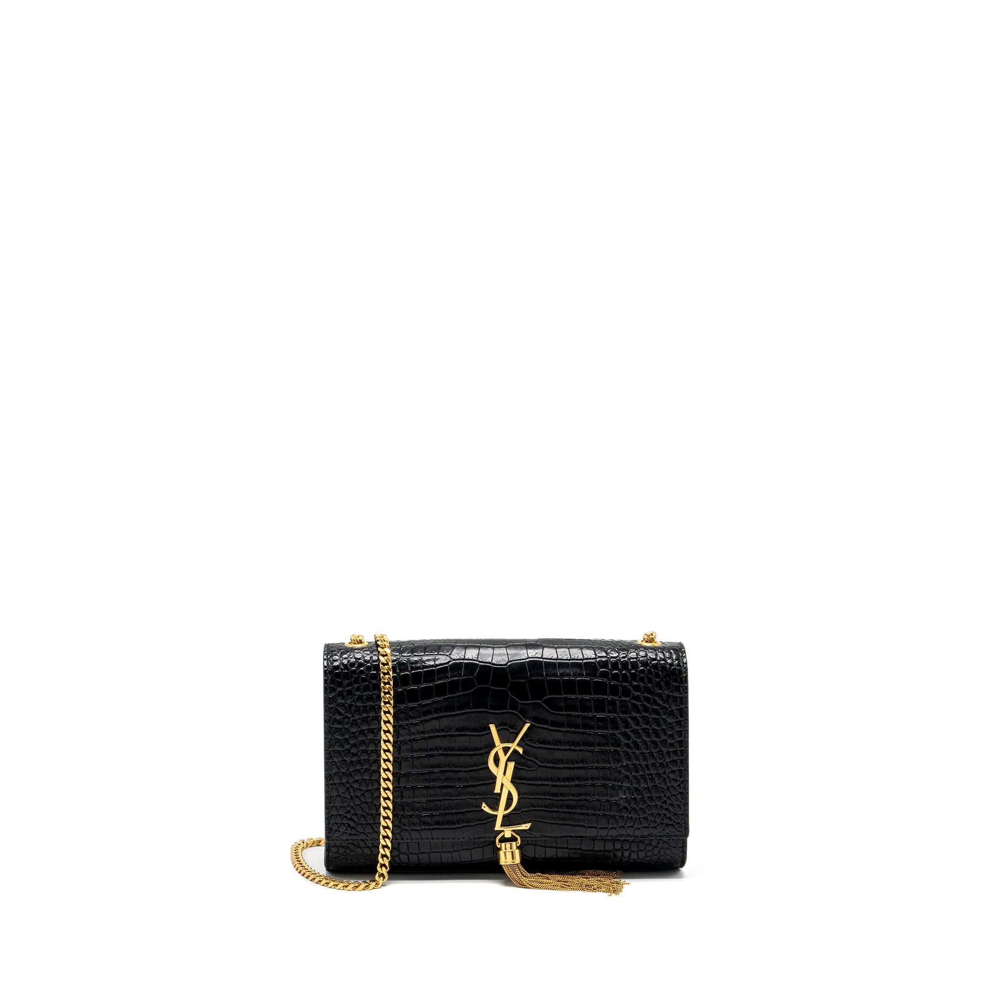 SAINT LAURENT KATE BAG TASSEL CROC-EMBOSSED BLACK GHW