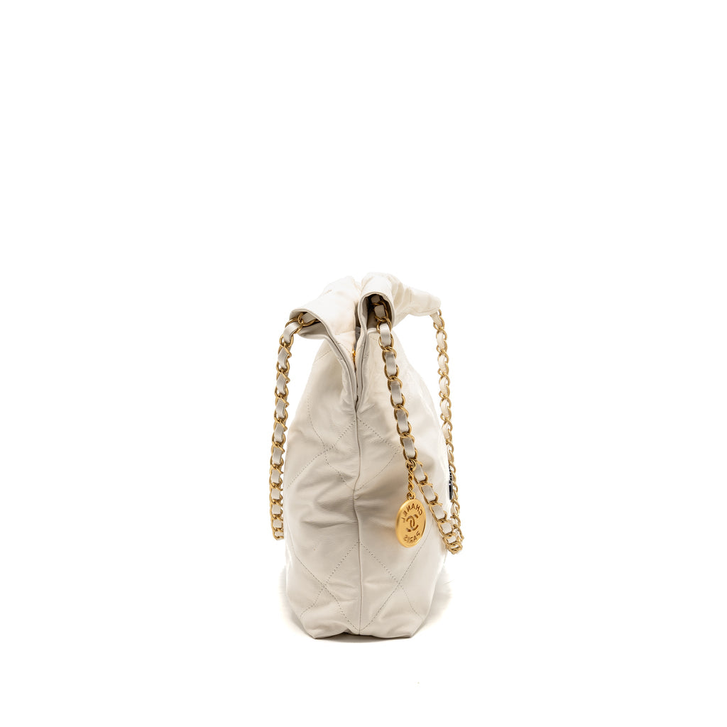 CHANEL SMALL 22 BAG WITH BLACK LETTER LOGO CALFSKIN WHITE GHW (MICROCHIP)