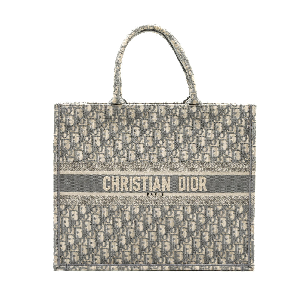 DIOR LARGE BOOK TOTE DIOR OBLIQUE EMBROIDERY ECRU/GREY
