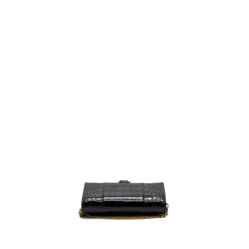 BALENCIAGA HOURGLASS WALLET ON CHAIN CROC EMBOSSED CALFSKIN BLACK GHW