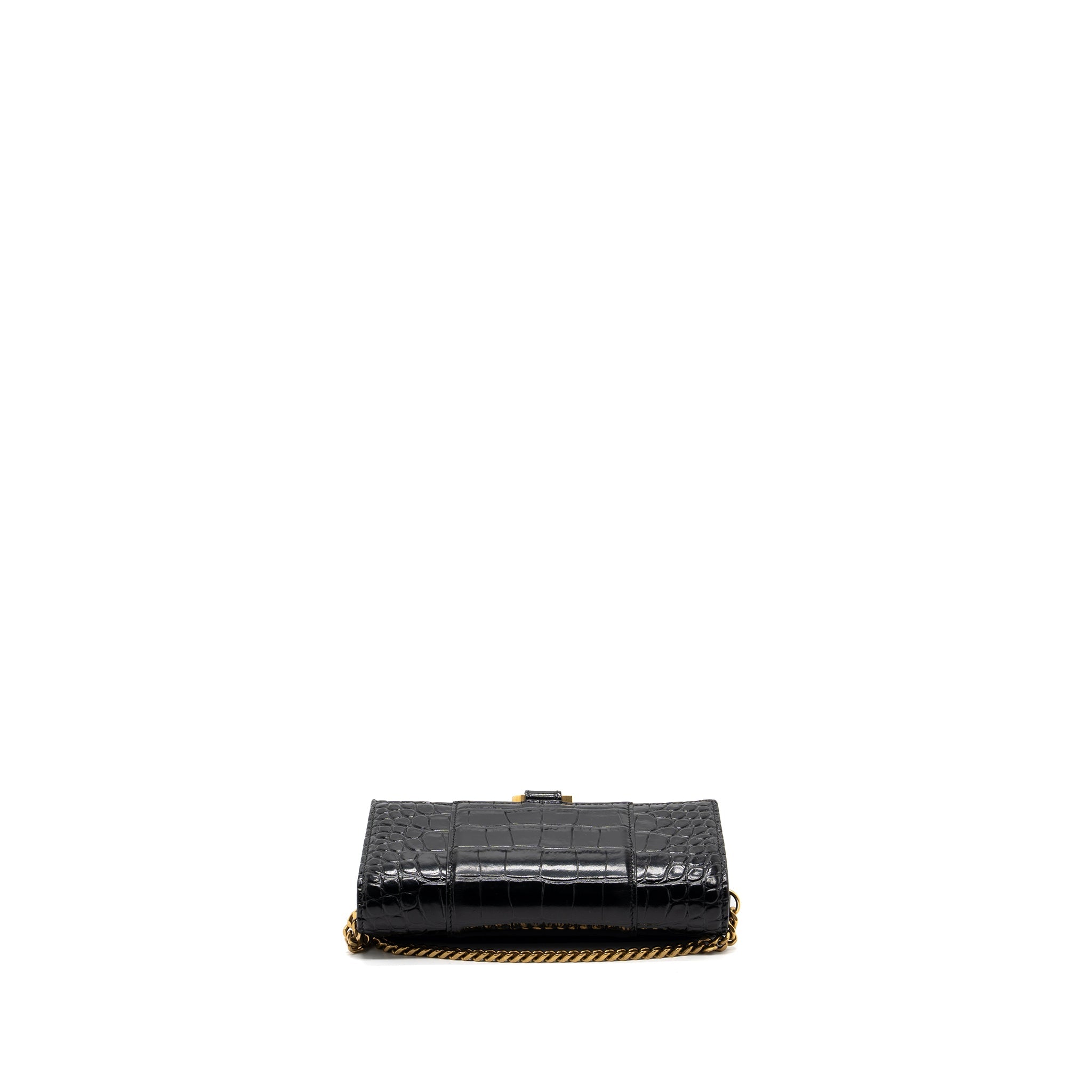 BALENCIAGA HOURGLASS WALLET ON CHAIN CROC EMBOSSED CALFSKIN BLACK GHW