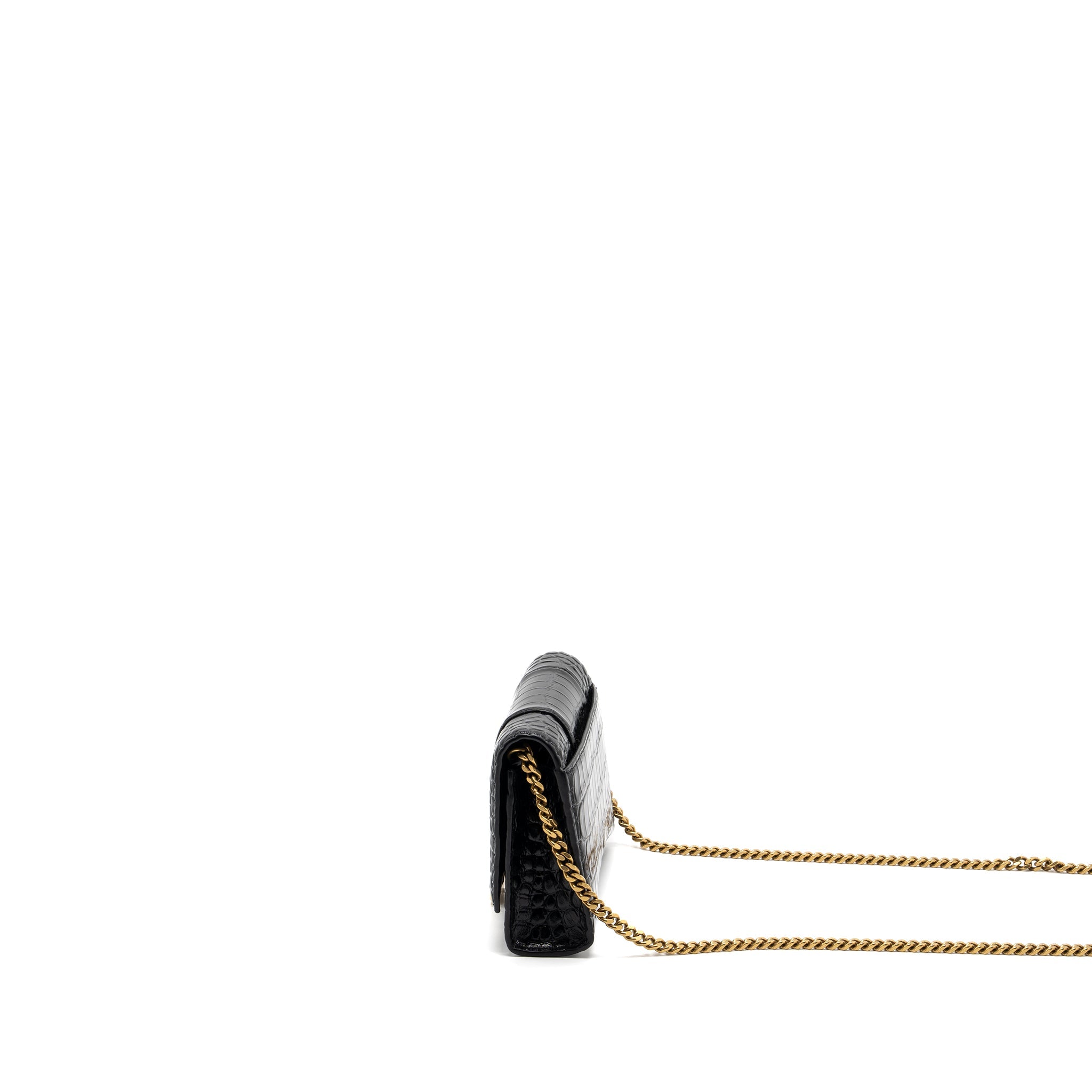 BALENCIAGA HOURGLASS WALLET ON CHAIN CROC EMBOSSED CALFSKIN BLACK GHW