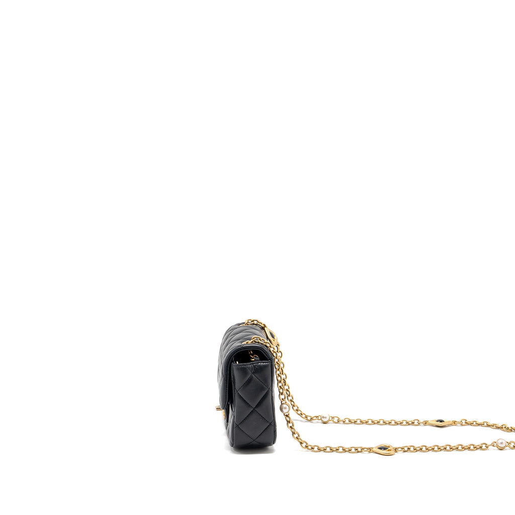 CHANEL QUILTED FLAP BAG WITH HEART CHARM CHAIN LAMBSKIN BLACK GHW (MICROCHIP)