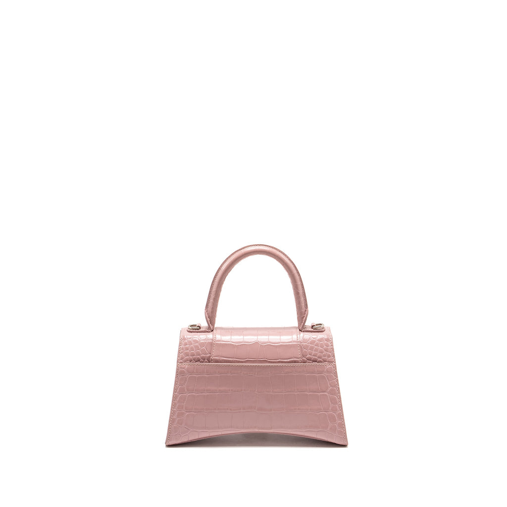 BALENCIAGA HOURGLASS S CROC-EMBOSSED CALFSKIN PINK SHW