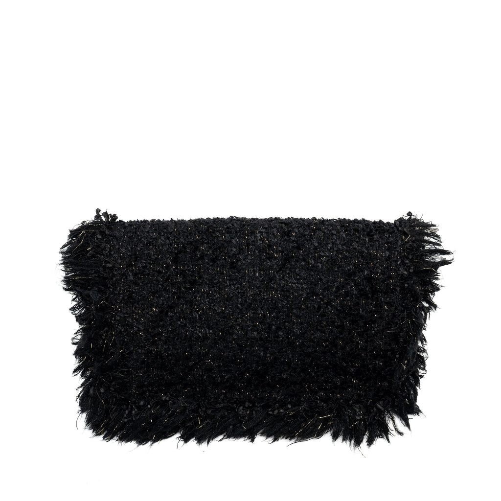 CHANEL FRINGE PARIS COSMOPOLITE CLUTCH TWEED BLACK GHW