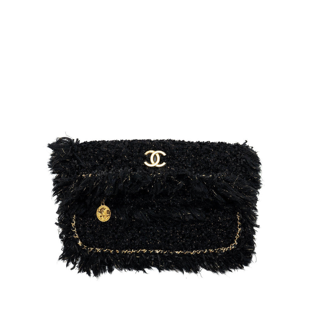 CHANEL FRINGE PARIS COSMOPOLITE CLUTCH TWEED BLACK GHW