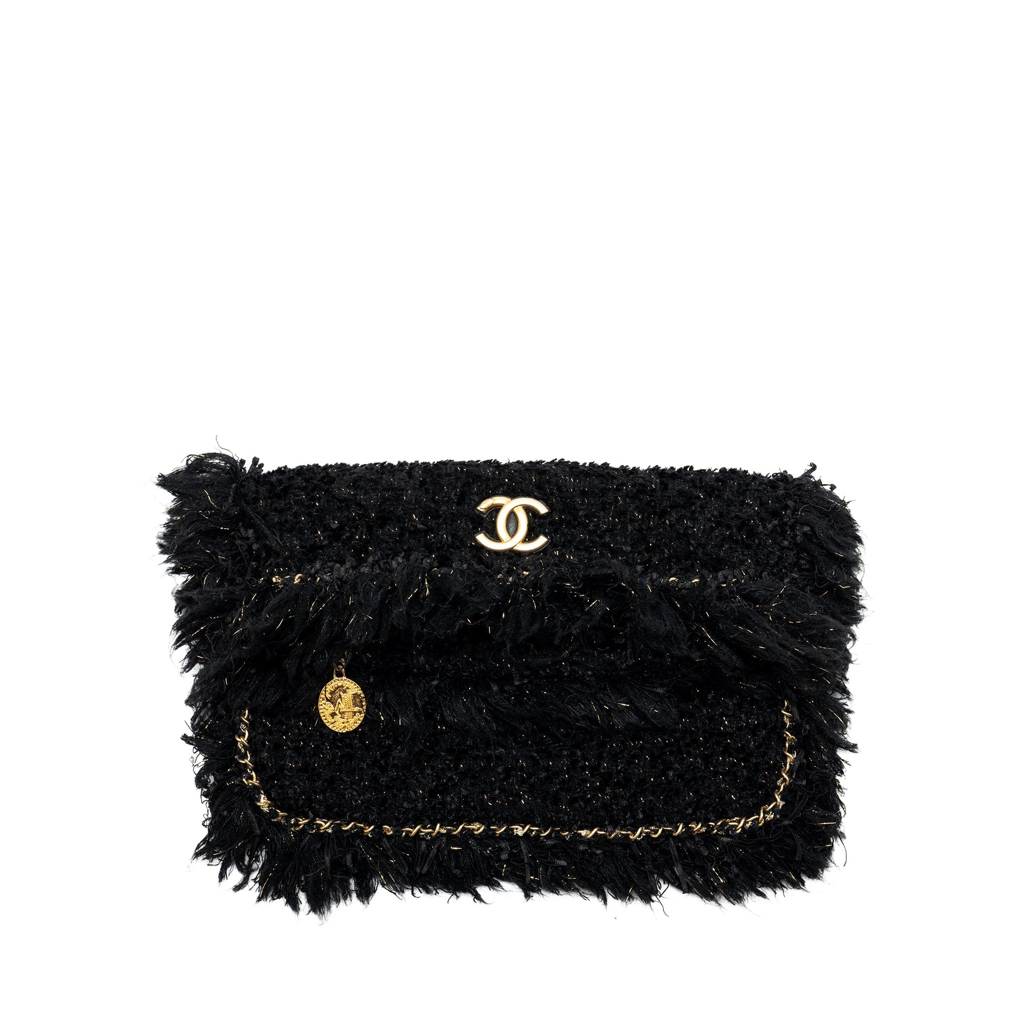 CHANEL FRINGE PARIS COSMOPOLITE CLUTCH TWEED BLACK GHW