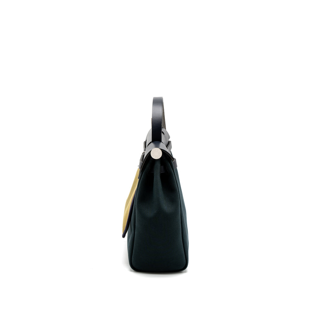 HERMES HERBAG 31 ZIP BAG CANVAS/VACHE HUNTER VERT CYPRES/VERT OLIVE/BLUE INDIGO SHW