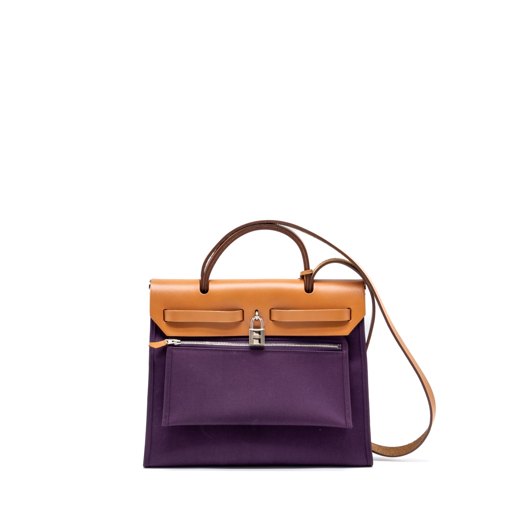 HERMES HERBAG 31 ZIP BAG CANVAS/HUNTER LEATHER PURPLE SHW