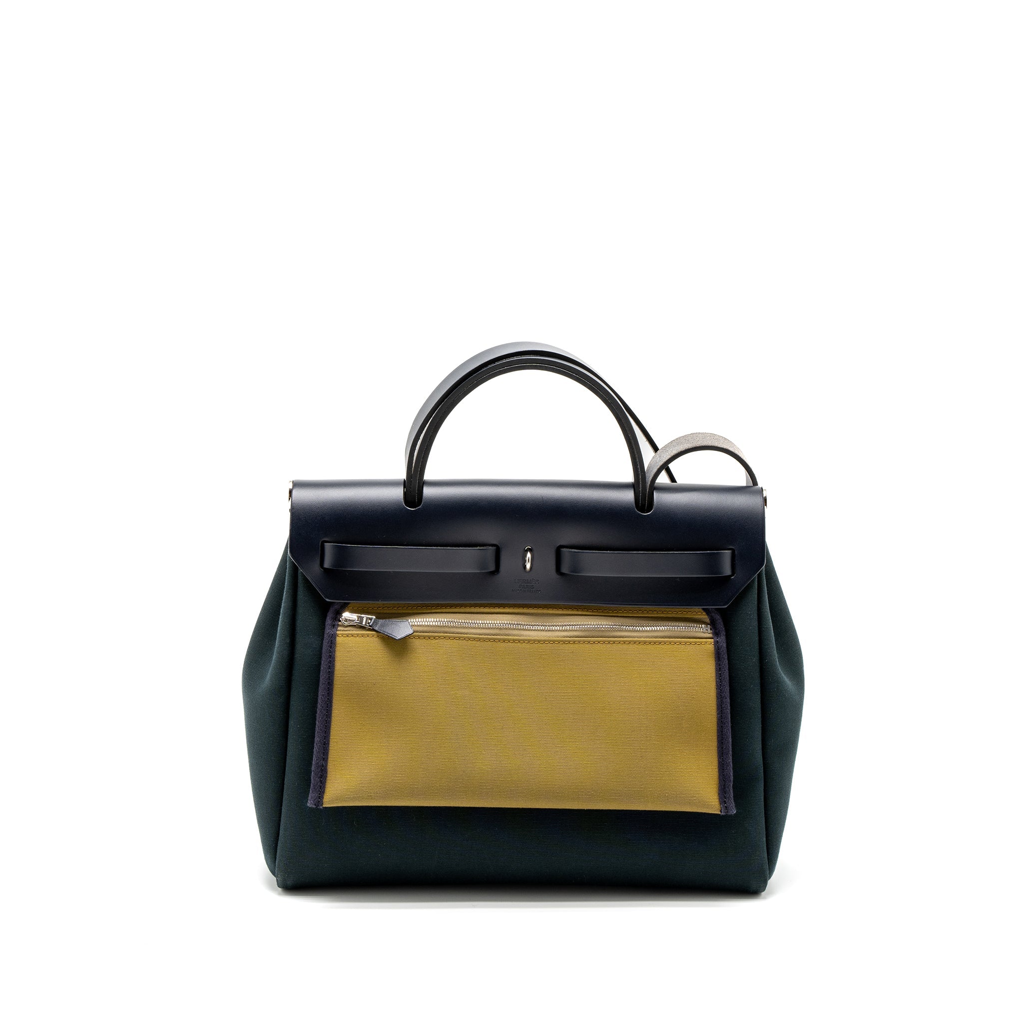 HERMES HERBAG 31 ZIP BAG CANVAS/VACHE HUNTER VERT CYPRES/VERT OLIVE/BLUE INDIGO SHW