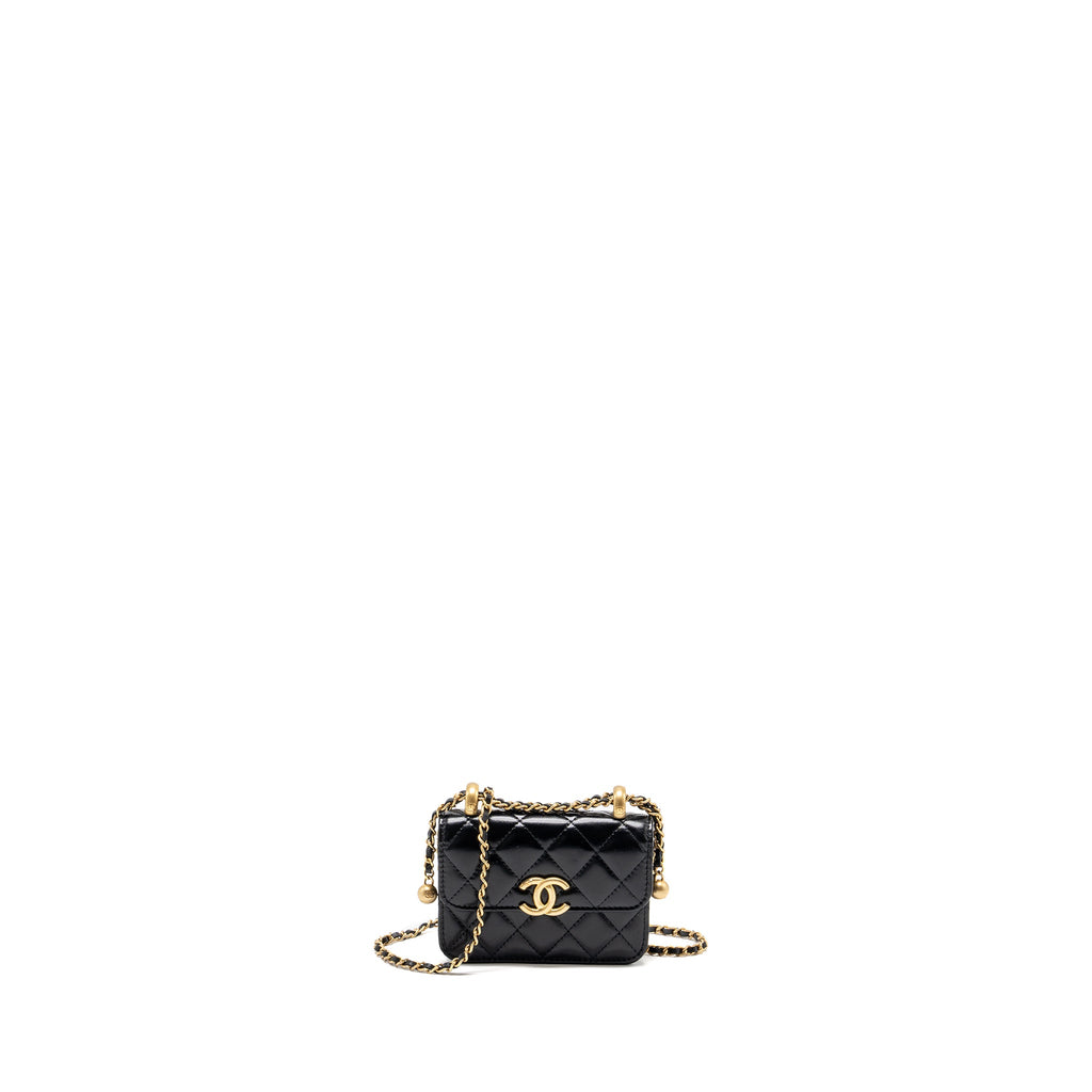 CHANEL 21A GOLD CRUSH COIN PURSE WITH CHAIN CALFSKIN BLACK GHW