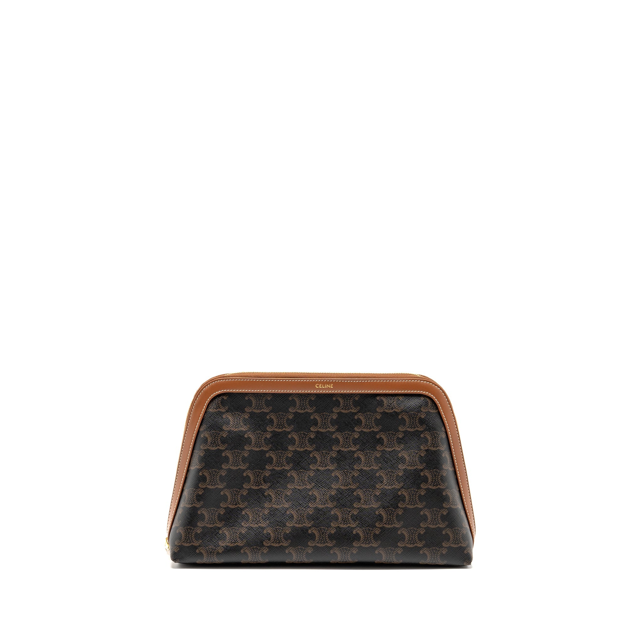 CELINE LARGE COSMETIC POUCH TRIOMPHE CANVAS/CALFSKIN TAN GHW