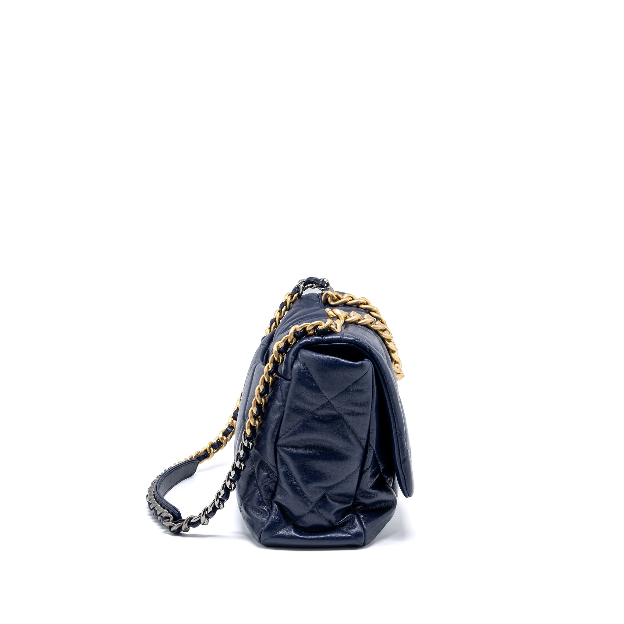 CHANEL MAXI 19 BAG GOATSKIN DARK BLUE MULTICOLOUR HARDWARE