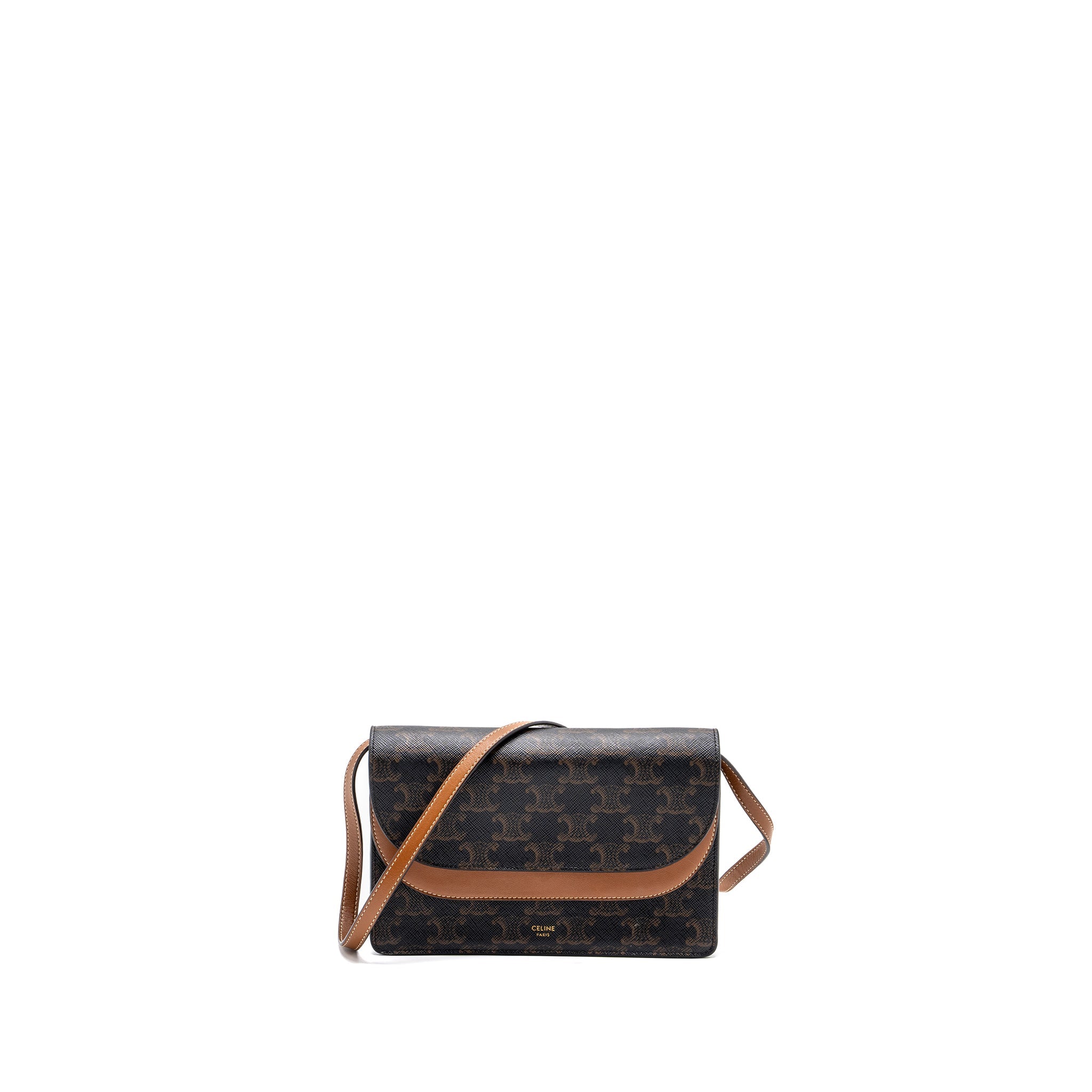 CELINE WALLET ON STRAP TRIOMPHE CANVAS/SMOOTH LAMBSKIN TAN GHW