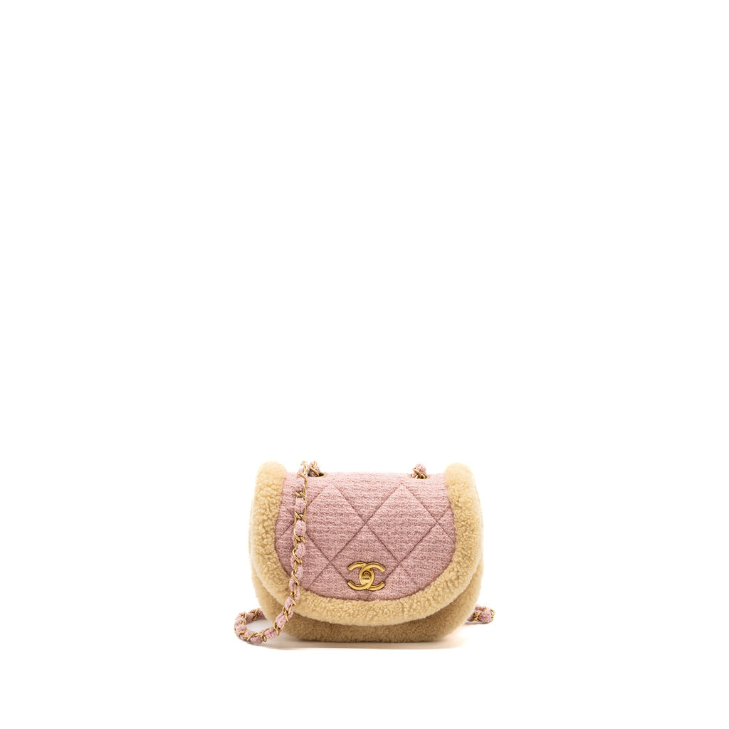 CHANEL 22K COZY COCO ROUND FLAP BAG TWEED/ SHEARLING PINK GHW(MICROCHIP)