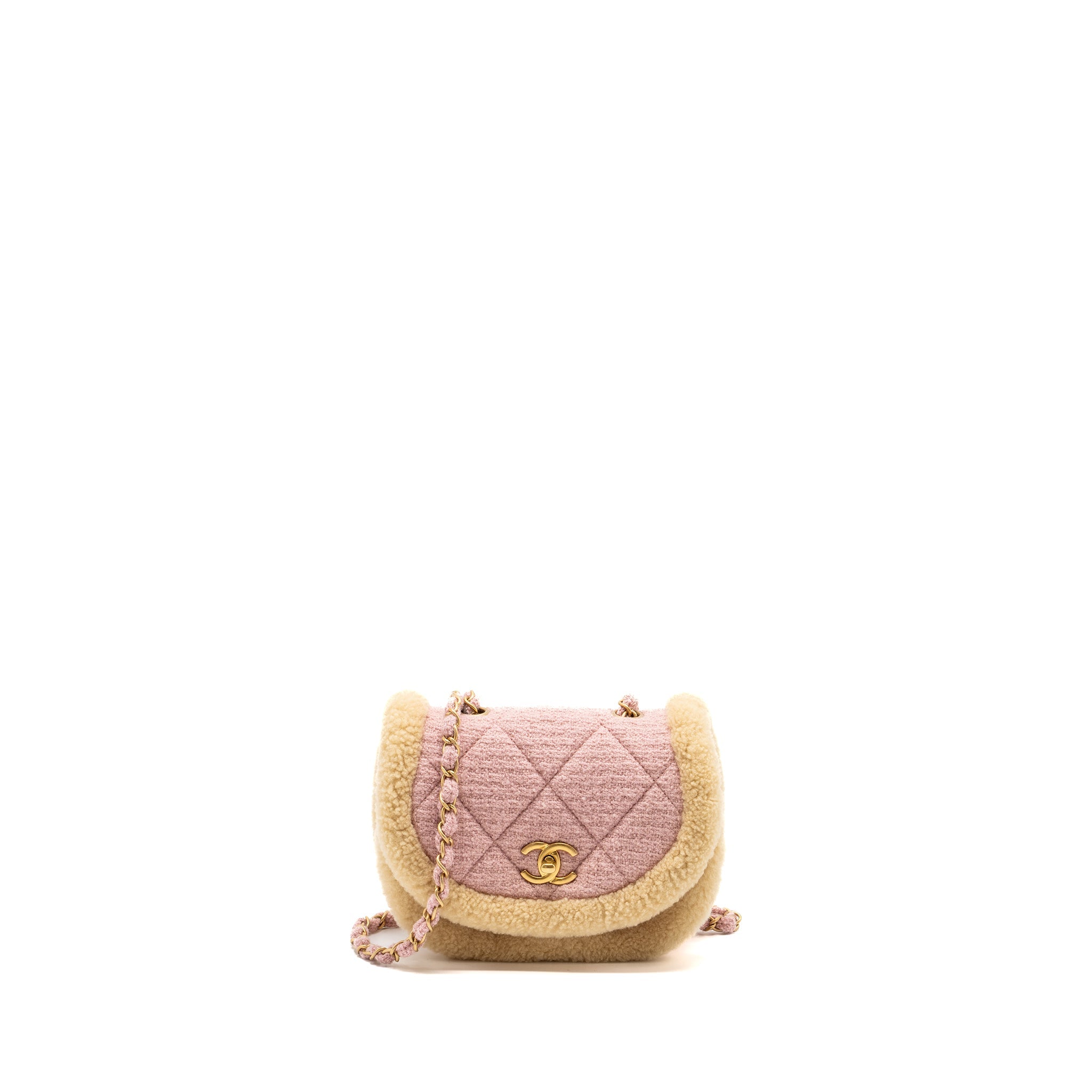 CHANEL 22K COZY COCO ROUND FLAP BAG TWEED/ SHEARLING PINK GHW(MICROCHIP)