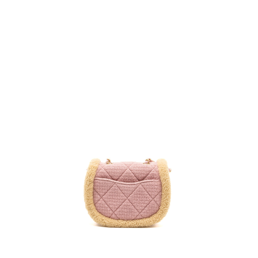 CHANEL 22K COZY COCO ROUND FLAP BAG TWEED/ SHEARLING PINK GHW(MICROCHIP)