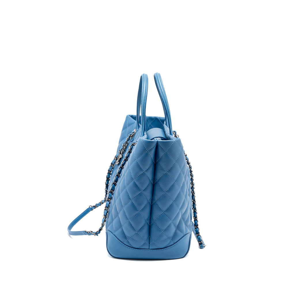 CHANEL TOP HANDLE QUILTED TOTE BAG CALFSKIN BLUE RUTHENIUM HARDWARE