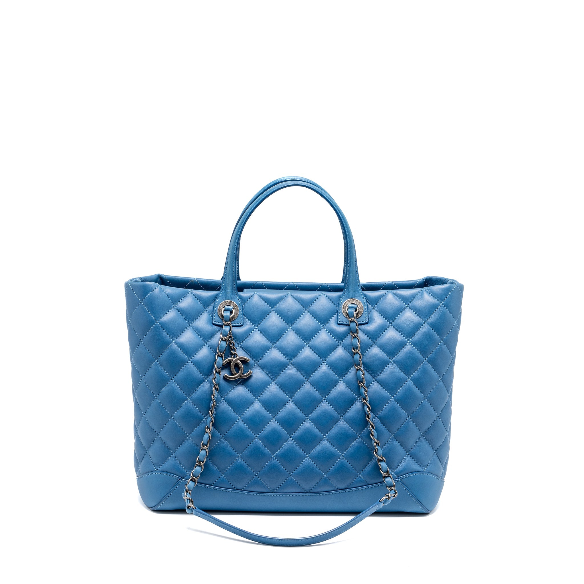 CHANEL TOP HANDLE QUILTED TOTE BAG CALFSKIN BLUE RUTHENIUM HARDWARE