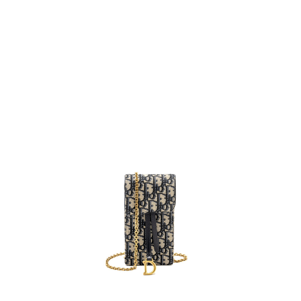DIOR SADDLE PHONE POUCH BLUE OBLIQUE JACQUARD GHW