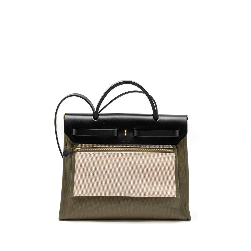 HERMES HERBAG 31 ZIP BAG TOLIE H BERLINE CANVAS/VACHE HUNTER LICHEN/ECRU-BEIGE/BLACK GHW