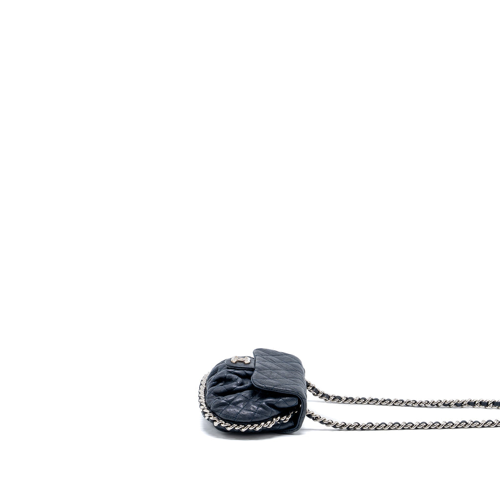 CHANEL MINI ROUND FLAP BAG WITH CHAIN AGED CALFSKIN NAVY SHW