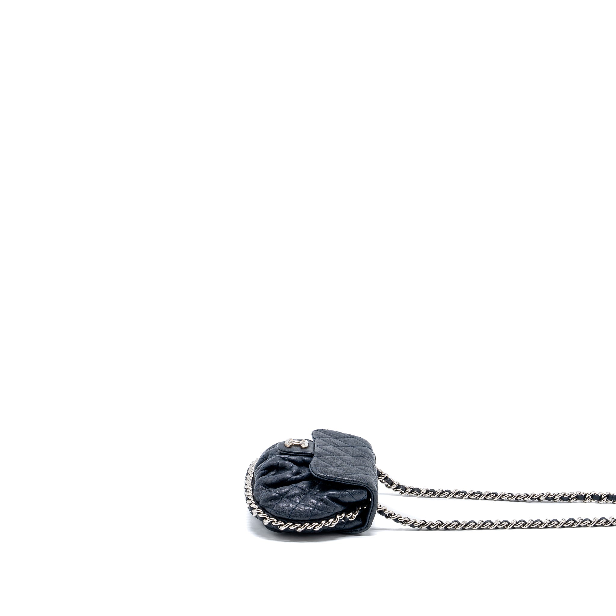 CHANEL MINI ROUND FLAP BAG WITH CHAIN AGED CALFSKIN NAVY SHW